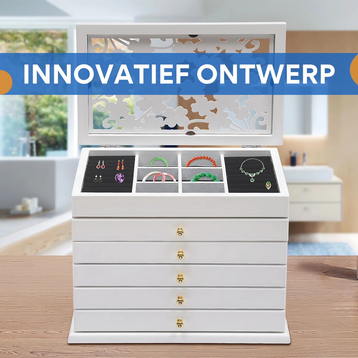 6-laags Sieradendoos - Juwelendoos - Opbergdoos - Voor Oorbellen, Kettingen & Horloges - Hout & Fluwelen Stof - Wit