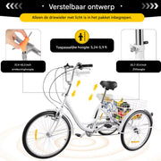 Driewieler Milano - 6 versnellingen - Fiets voor volwassenen en senioren - 24 Inch - Opvouwbare Trike - Met mand - Voorrem - Zwart