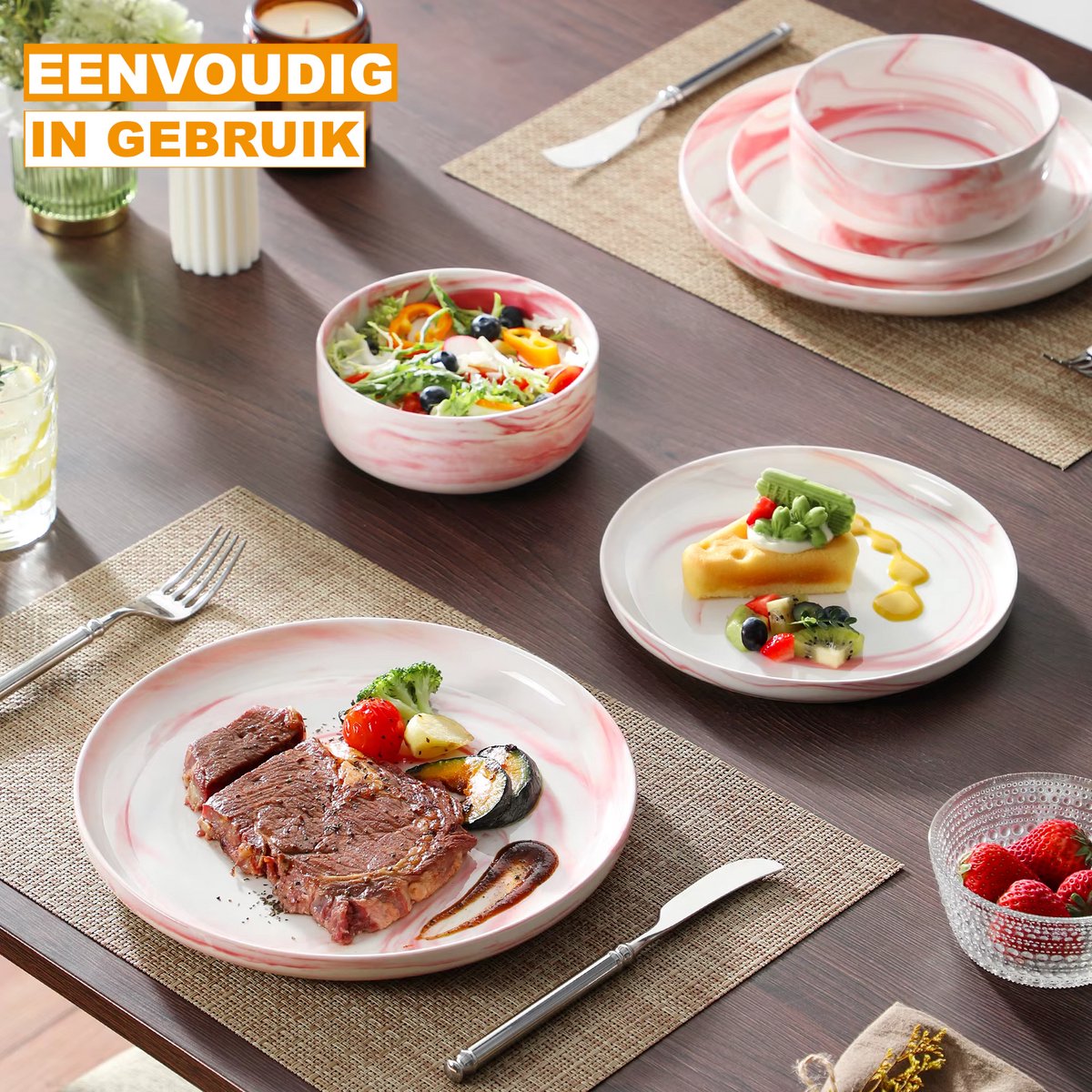 Noble Dinerborden – 4 persoons – 12 delig – Roze Marmer – Keramisch – Dinerborden – Ontbijtborden