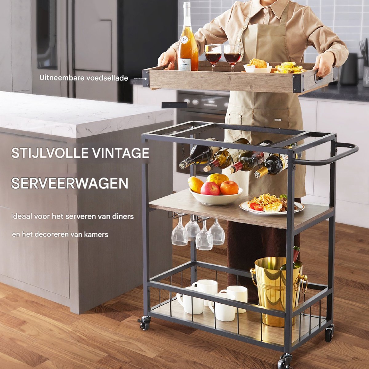Serveerwagen - Serveerwagen op wieltjes - Dienbladwagen - Serveerkar
