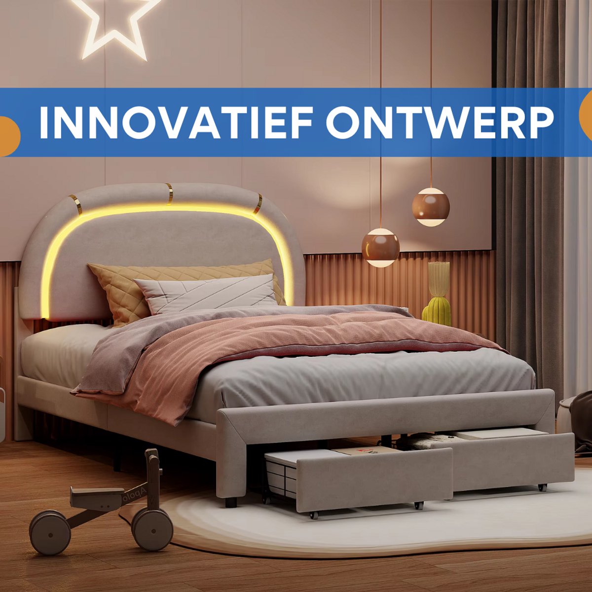 Eenpersoonsbed 140 x 200 cm - Voor jongens - Met lattenbodem - Zonder matras - Twijfelaar - Wit/red - Verstelbaar hoofdeinde