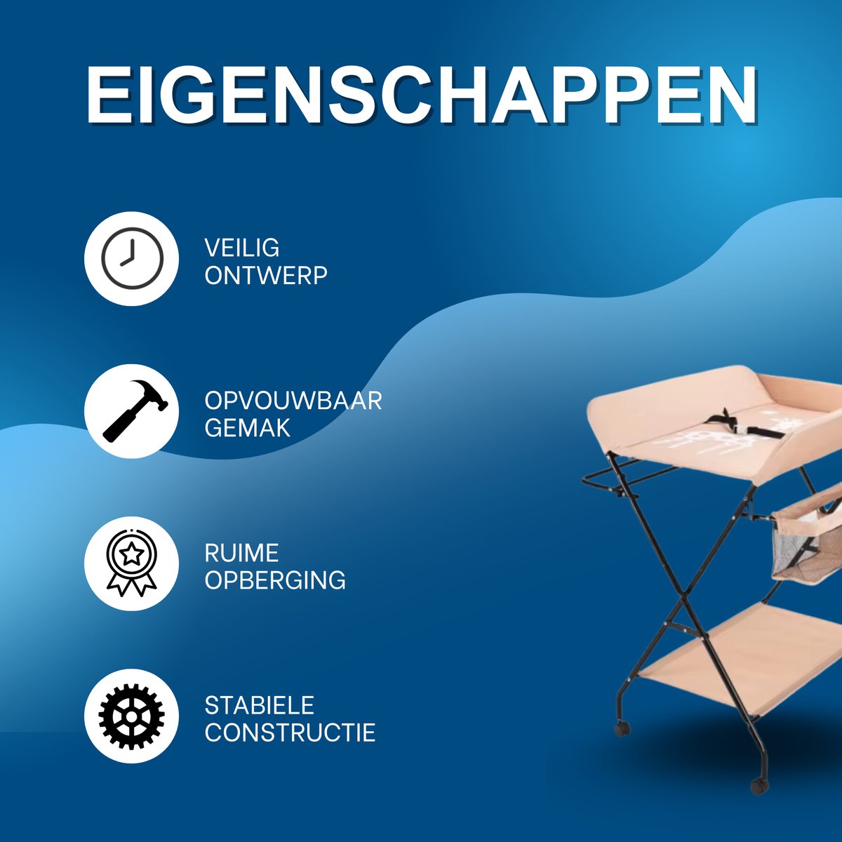 Babyverschoontafel – Verzorgingstafel - Opvouwbaar voor kinderkamer – Stabiel en veilig met opbergruimte – Max. draagvermogen 15 kg – Khaki - Met wielen