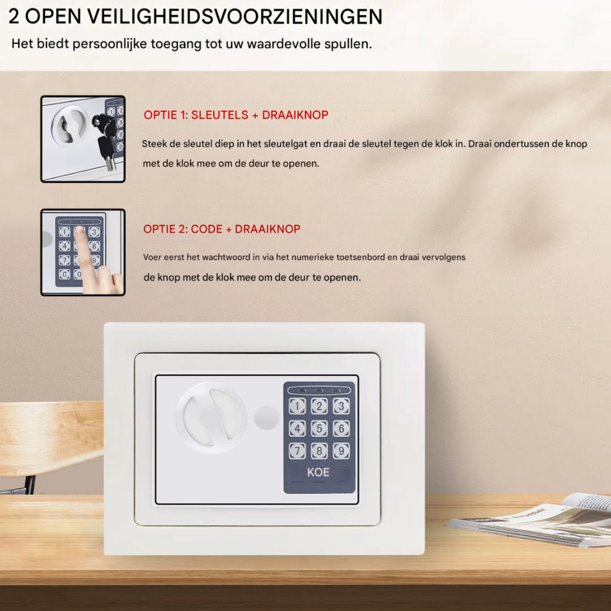 Digitale Veiligheidskluis Tavien - 16L Beveiligingsbox voor Thuis, Kantoor & Hotel - Inclusief 2 Noodsleutels voor Geld & Documenten