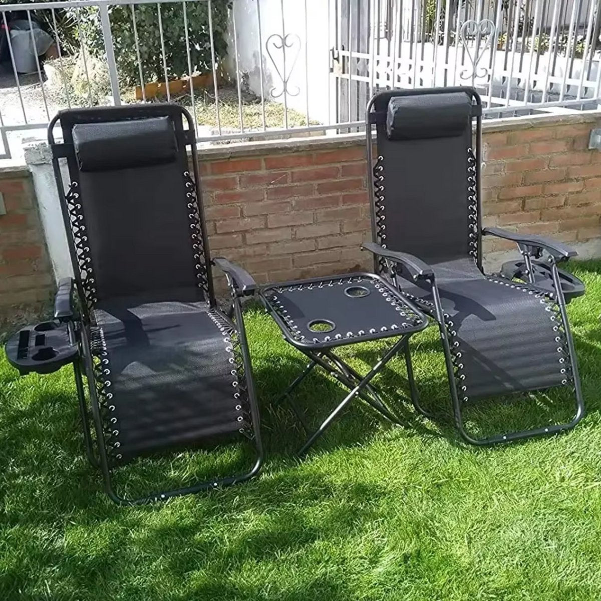 Opvouwbare Ligstoel Tavien voor de Tuin - Tuinstoel - Met tafeltje - Ligbed - 2 stuks- Zwart