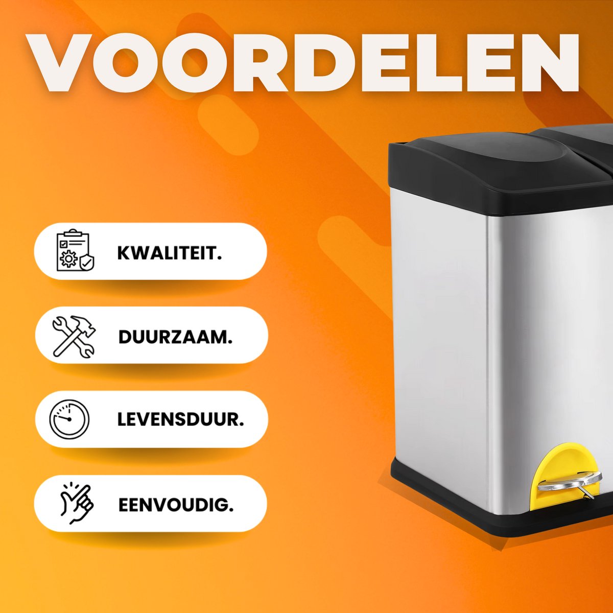Pedaalemmer 3 vakken - 45L - Prullenbak - Afvalscheiding - RVS - Softclose - Anti-slip