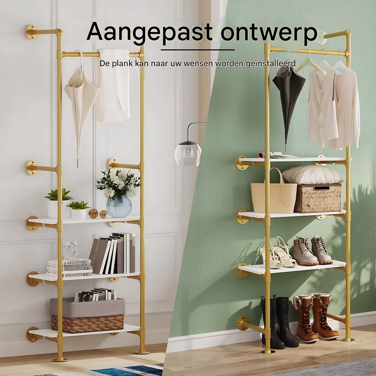 Kledingrek Fioren - Moderne kledingrek - Met kledingroede voor hal, slaapkamer of woonkamer - Kledingstangen - Schoenenrek - Wandmontage