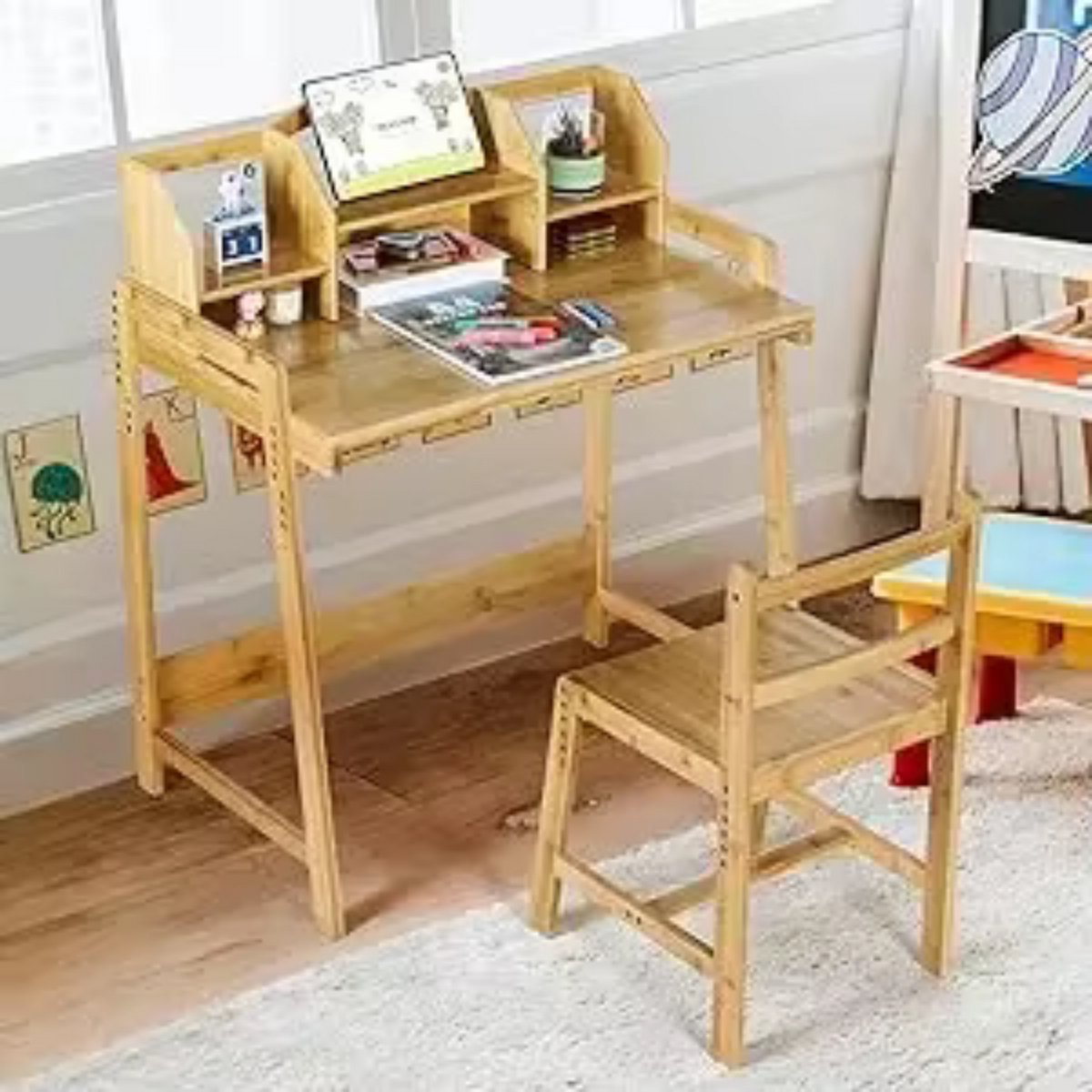 Kinderbureau met stoeltje - Kindertafel - Activiteiten tafel - Speeltafel Kinderbureau - In Hoogte Verstelbaar - Studeertafel voor Kinderen - Bamboe