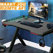 Happyment Gaming bureau Deluxe - Met RGB led verlichting - Gaming desk tafel - Headset en drinkbeker houder - Zwart - 120cm
