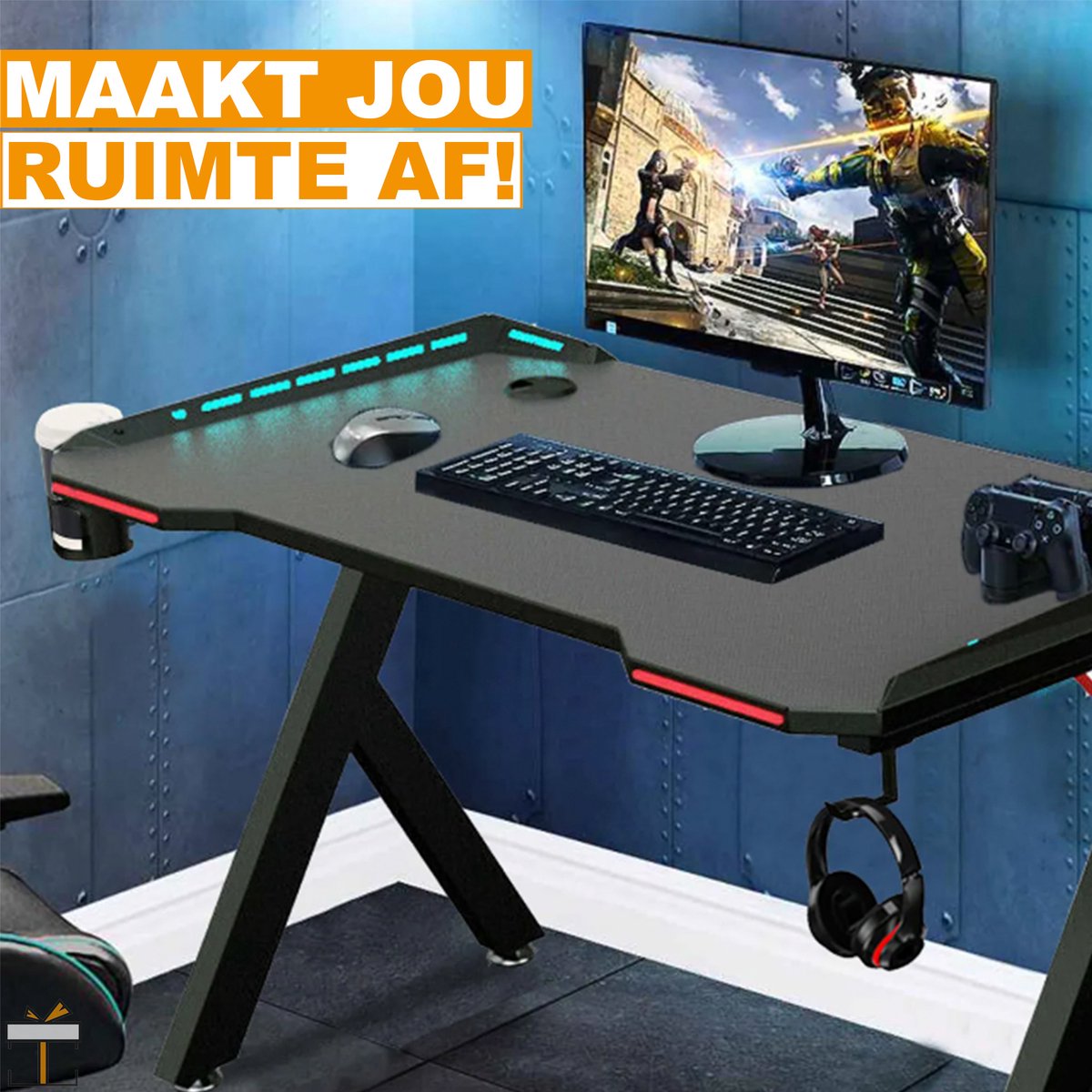 Happyment Gaming bureau Deluxe - Met RGB led verlichting - Gaming desk tafel - Headset en drinkbeker houder - Zwart - 120cm