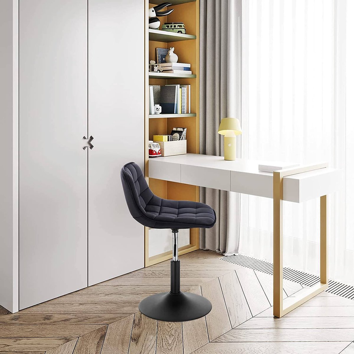 Barkruk Witta Industrial Zwart - Barkrukken set van 1 - Barstoel Kruk - Barstoelen met rugleuning - Keukenstoel - In hoogte verstelbaar - Velvet