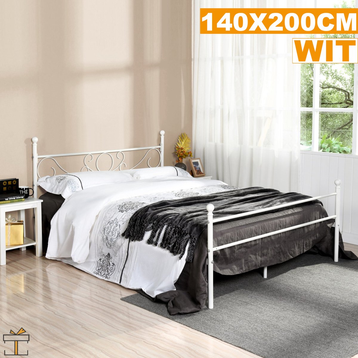 Happyment Metalen bedframe - 140 x 200cm - Incl. lattenbodem - Twijfelaar - 2 persoons - Wit