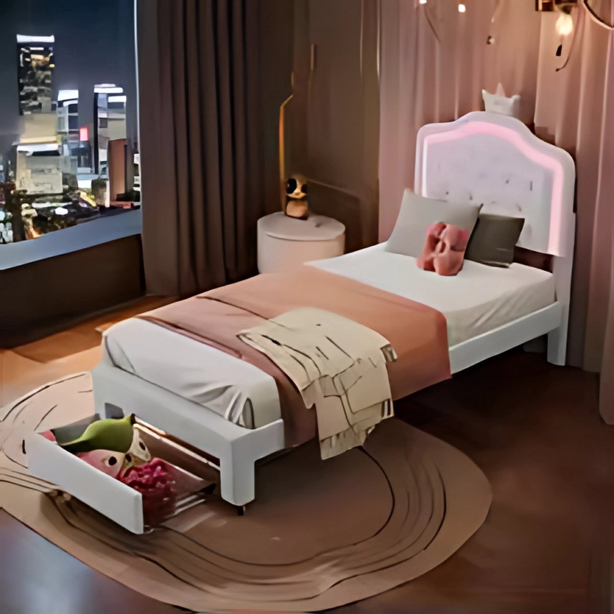 Kinderbed Tavien voor meisjes - 90x200cm - Gestoffeerd bed met 1 lade - LED-verlichting en rugleuning - Eenpersoonsbed