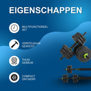 Verstelbare Halterset - Haltergrepen - Verstelbare dumbbells - Voor Thuisgym & Fitnessoefeningen - Dumbbell, Halter, Kettlebell & Push-Up Set - Multifunctioneel Trainingsgewicht - 20kg