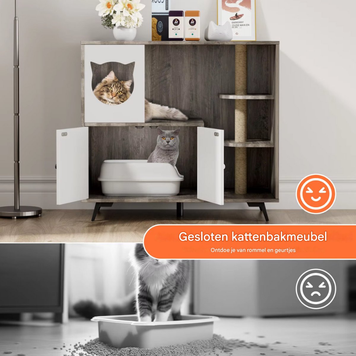 Grote Verborgen Kattenbakmeubilair - 3-Laags Planken met Kattenbakvanger - Kattenbakkast 100x92x50 cm voor de Woonkamer
