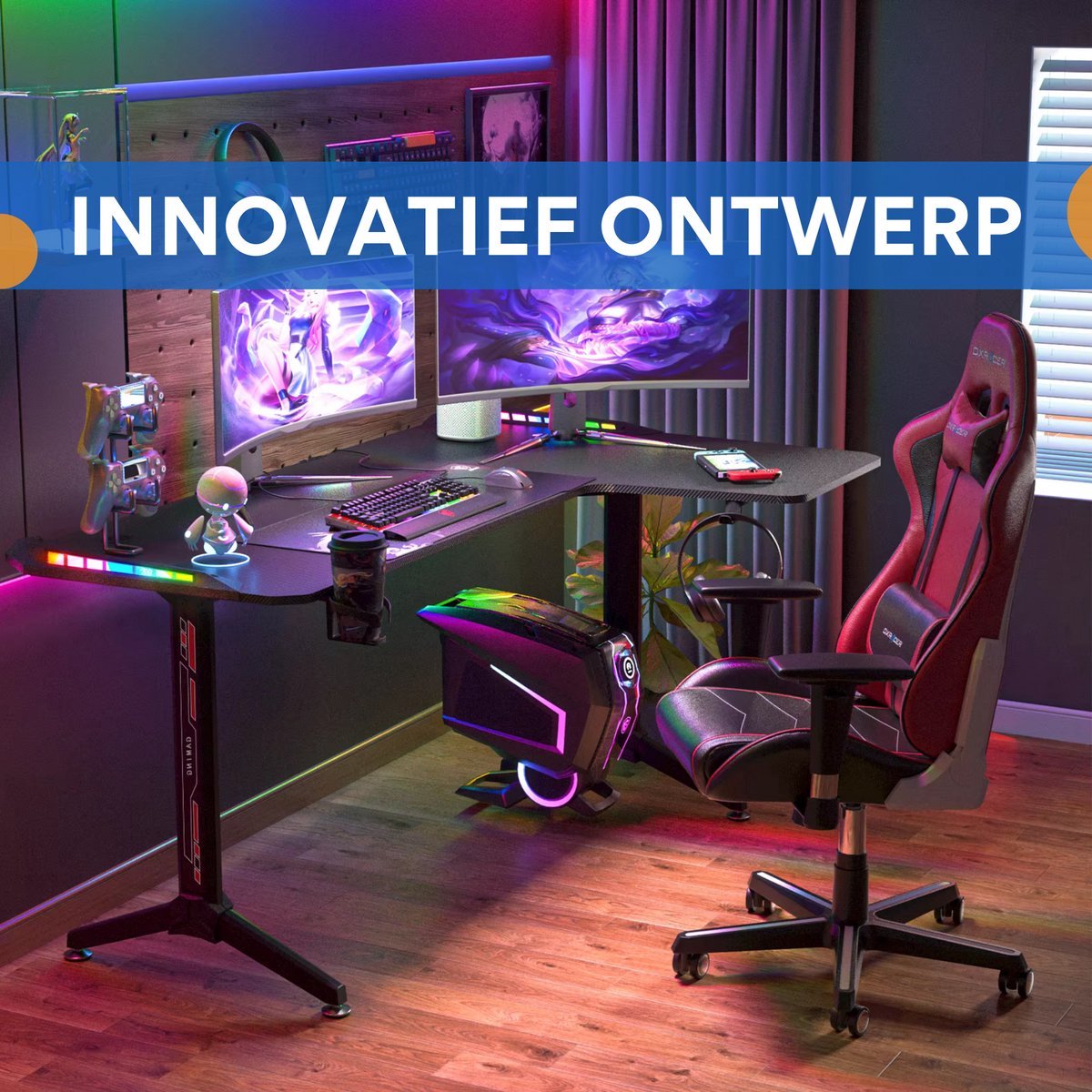 Gaming bureau Brutal Tavien - Met LED verlichting - Linker Hoekbureau - 162cm desk - Metalen poten - Bekerhouder