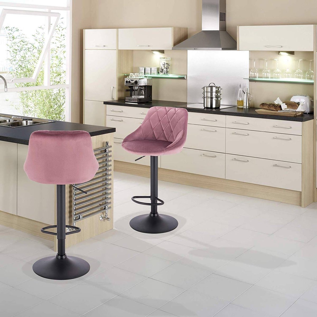 Designer Barkruk Berlo - Met rugleuning - Stevig - Ergonomische barstoel - Velvet - Zithoogte 60 - 82cm - Roze - Set van 2 - Keuken en bar - In hoogte verstelbaar