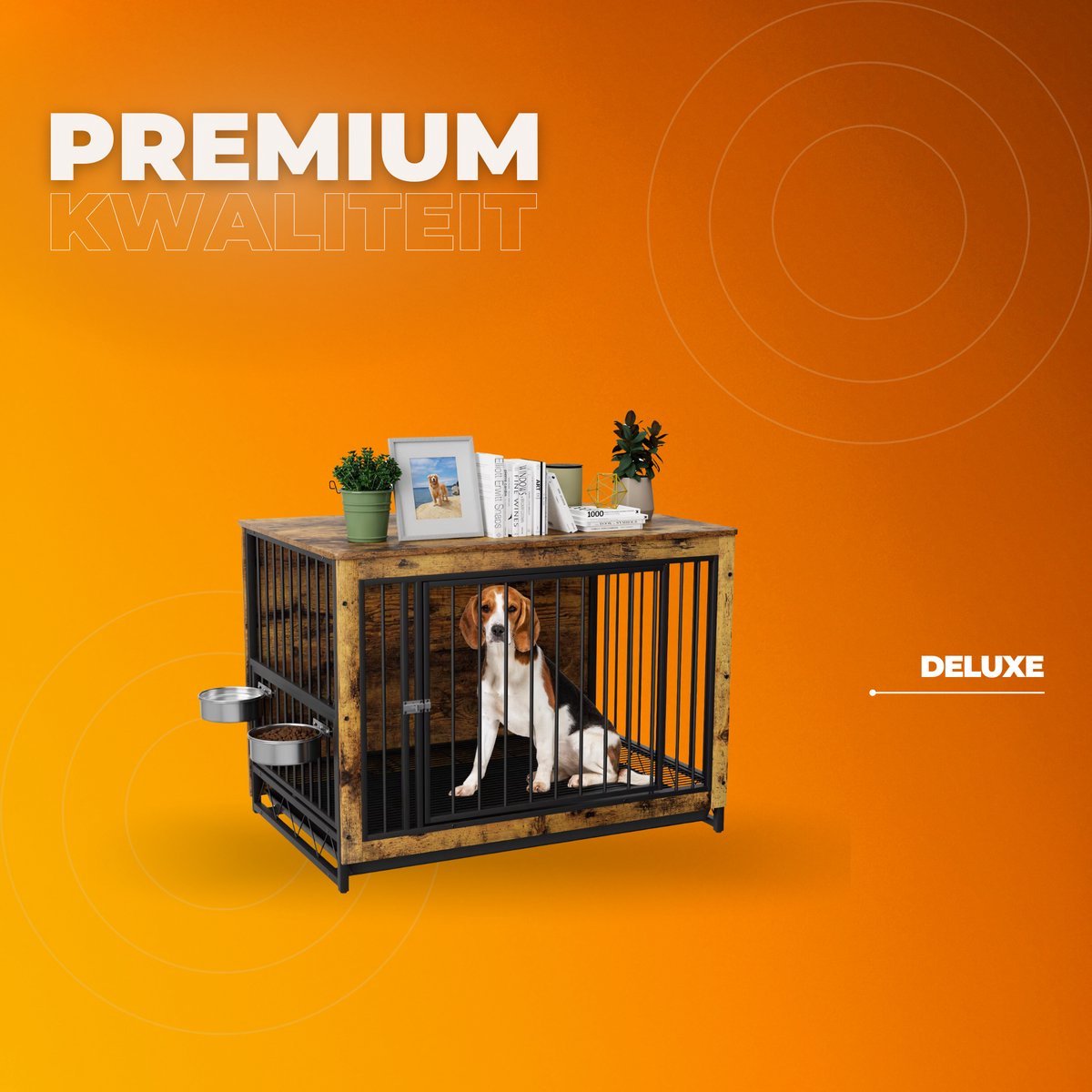 Houten Hondenbenche Tavien - Hondenren - Hondenkrat Bijzettafel met Afneembare Kommen en Dienblad - Dubbele Deuren Hondenkennel voor Middelgrote Honden Binnen - 99 x 63 x 72 cm - Bruin