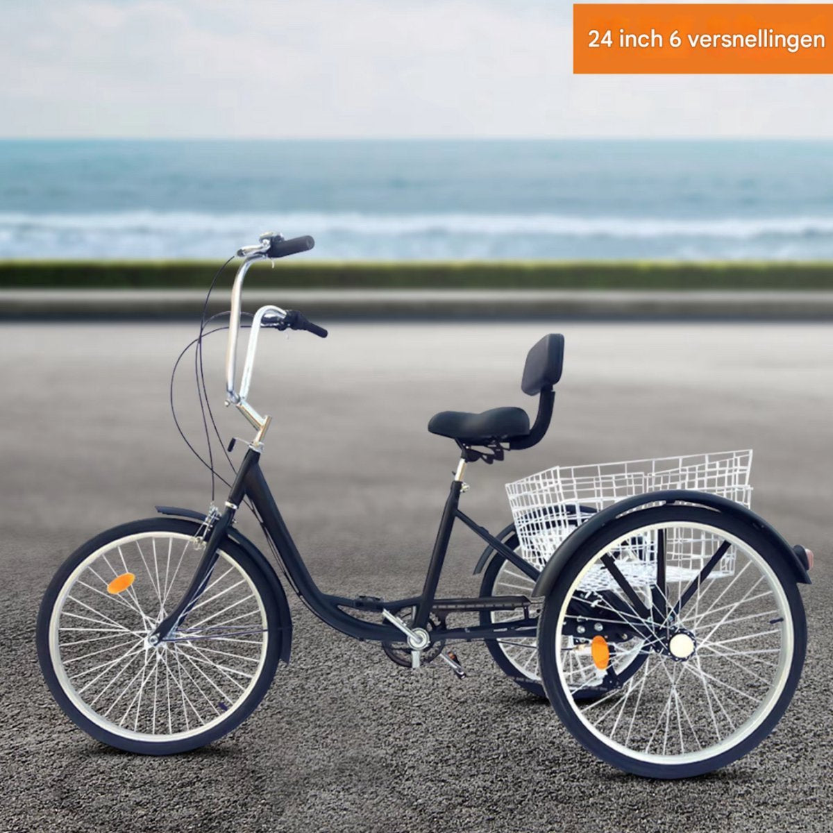 Driewieler Fioren voor volwassenen - 6 versnellingen - Fiets voor senioren - 24 Inch - Met mand - Voorrem - Zwart