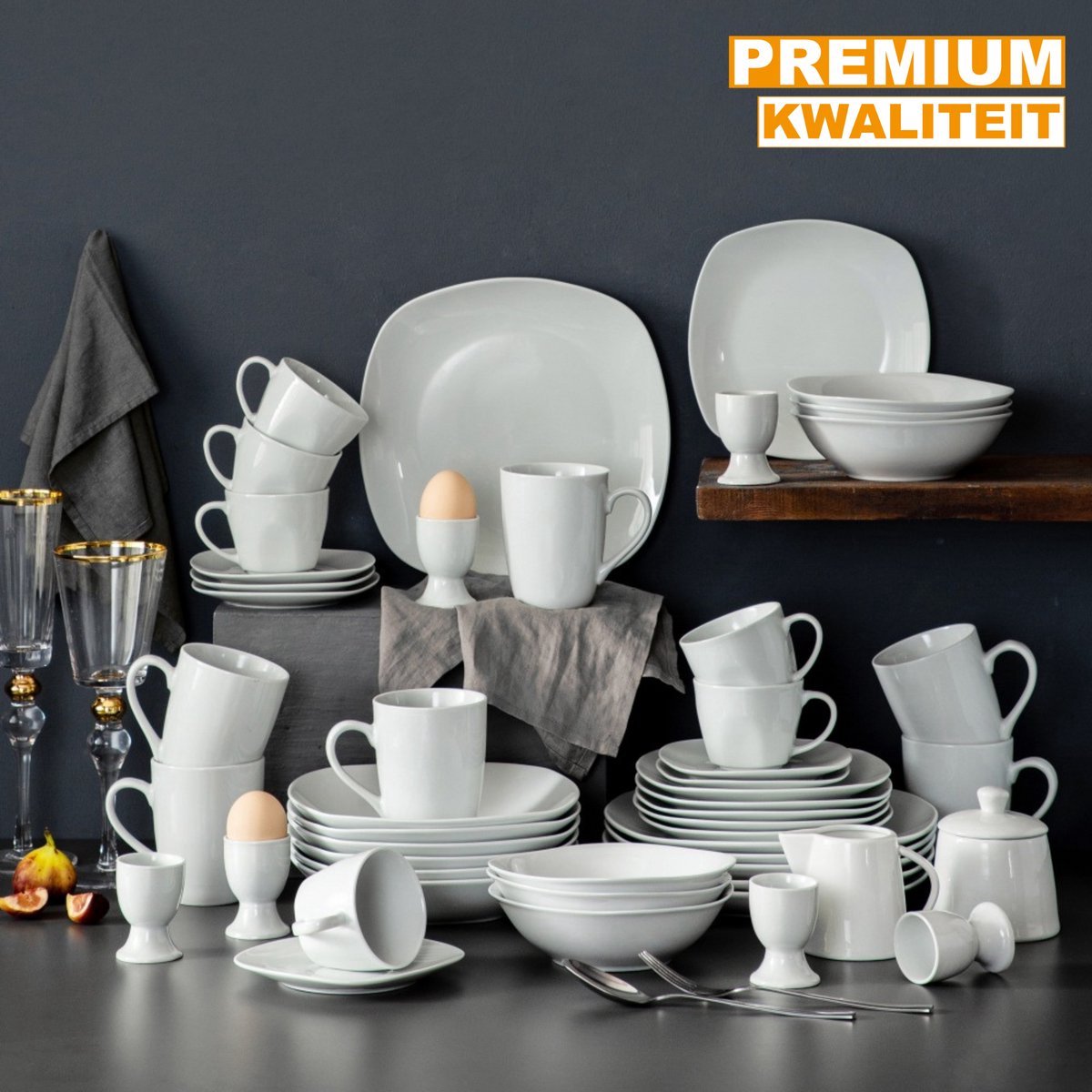 Grandeur Bordenset – Serviesset – 6 persoons - 50 delig – Wit Keramisch – Breakfast Plates – Elegant tafelservies