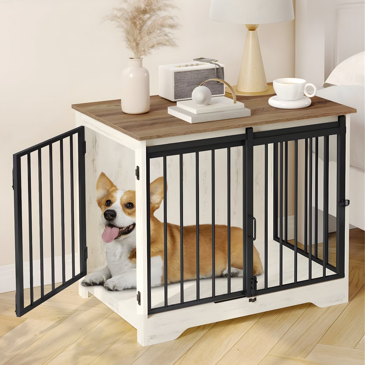 Hondenbench - Hondenkrat - Hondenkennel - Hondenhok - 81 cm - Voor Binnen - Wit/bruin