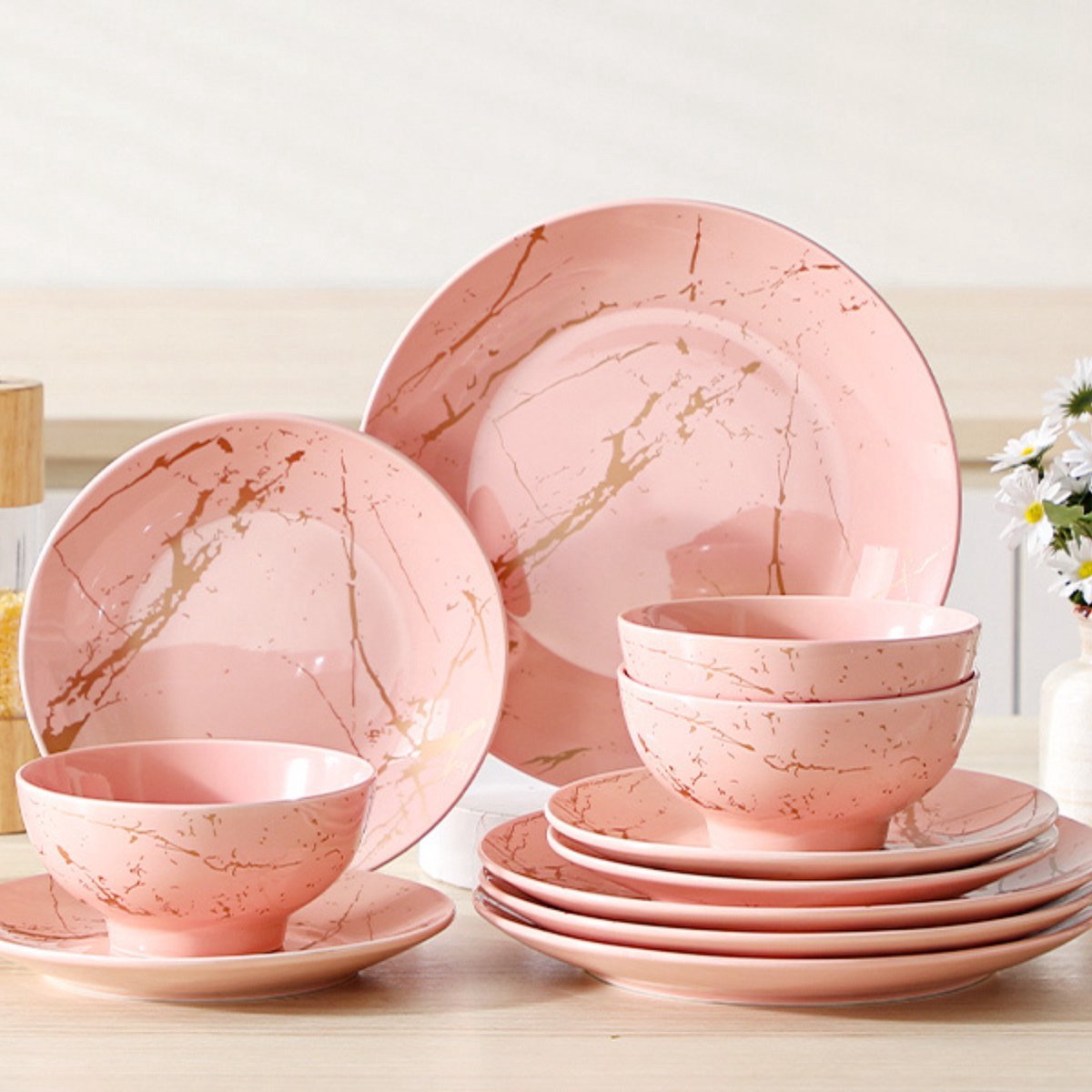 Elegant Serviesset - 12 delig - 4 persoons - Roze - Dinerborden - Bordenset - Diepe borden - Ontbijtborden - Servies - Keukenservies – Uniek servies