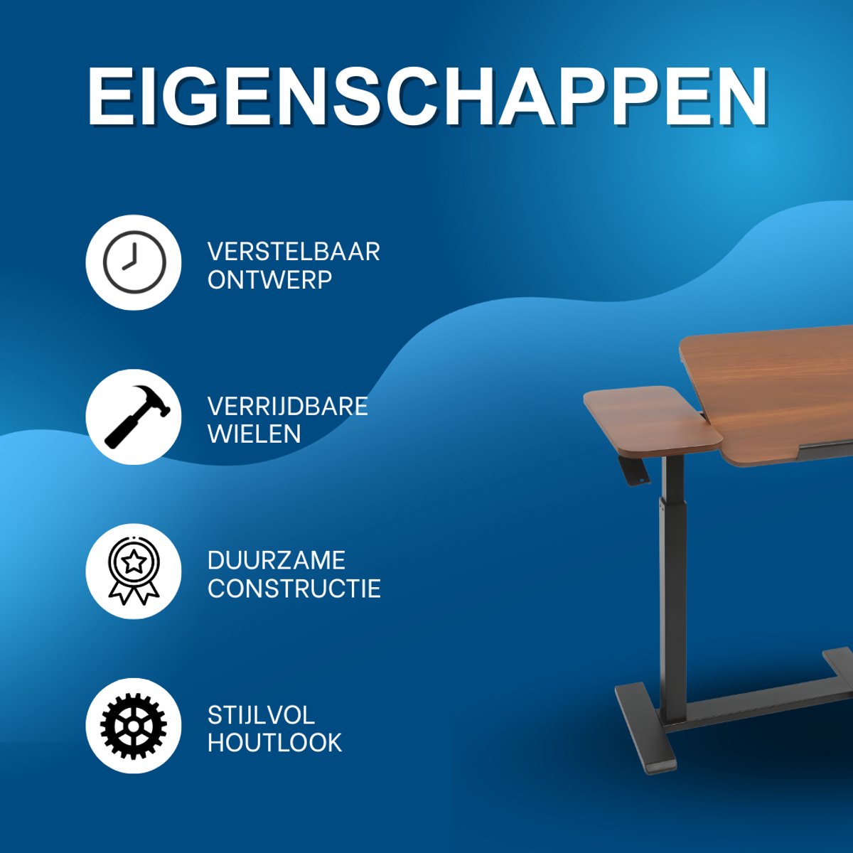 Laptoptafel - Bijzettafel - Bedtafel - Banktafel- Voor gebruik aan bed of kantoor - Verstelbaar - Walnut
