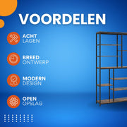 Boekenkast Myralis - 8 Lagen - Boekenrek Opbergrek - Stellingkast Metaal - Voor Kantoor, Woonkamer of Slaapkamer - Bruin