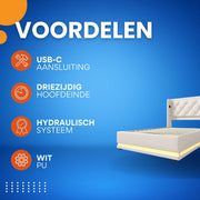 Eenpersoonsbed - Kinderbed - Kinderbedden - Jeugdbed - Voor Slaapkamer of Jeugdkamer - Met USB-C & 3-zijdig Hoofdeinde - Hydraulisch Bed met Opbergruimte - Wit PU Leer - 90x200cm