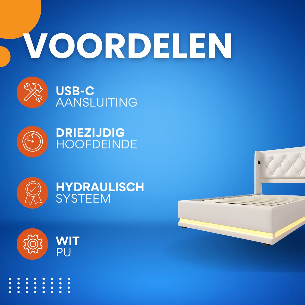 Eenpersoonsbed - Kinderbed - Kinderbedden - Jeugdbed - Voor Slaapkamer of Jeugdkamer - Met USB-C & 3-zijdig Hoofdeinde - Hydraulisch Bed met Opbergruimte - Wit PU Leer - 90x200cm