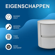 Rond nachtkastje - Bijzettafel - Voor thuis, kantoor of slaapkamer - Modern, met 2 laden - Massief hout - Grijs
