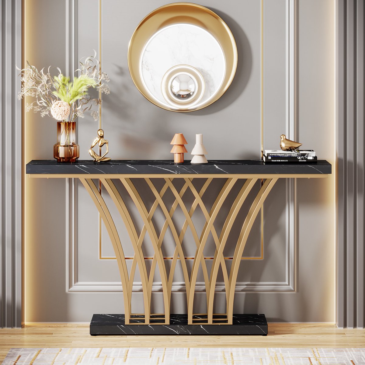 Consoletafel Novio - Goud - Sidetafel - Wandtafel - Haltafel - Zwart - Woonkamer - Zwart Marmerlook