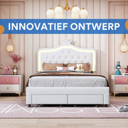 Kinderbed Fioren voor meisjes - 140x200cm - Gestoffeerd bed met 2 lades - LED-verlichting en rugleuning - Lattenbodem - Twijfelaar