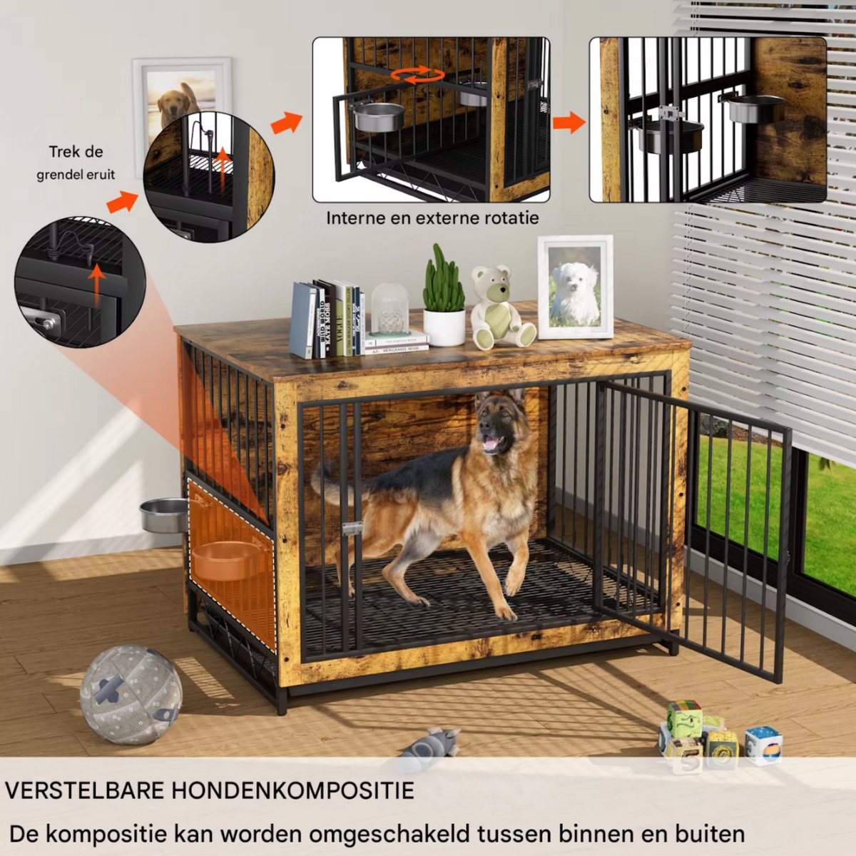 Houten Hondenbenche - Hondenren - Hondenkrat Bijzettafel met Afneembare Kommen en Dienblad - Dubbele Deuren Hondenkennel voor Middelgrote Honden Binnen - 112 x 73 x 78 cm - Bruin