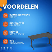 Gaming bureau Brutal Tavien - Met LED verlichting - Linker Hoekbureau - 162cm desk - Metalen poten - Bekerhouder