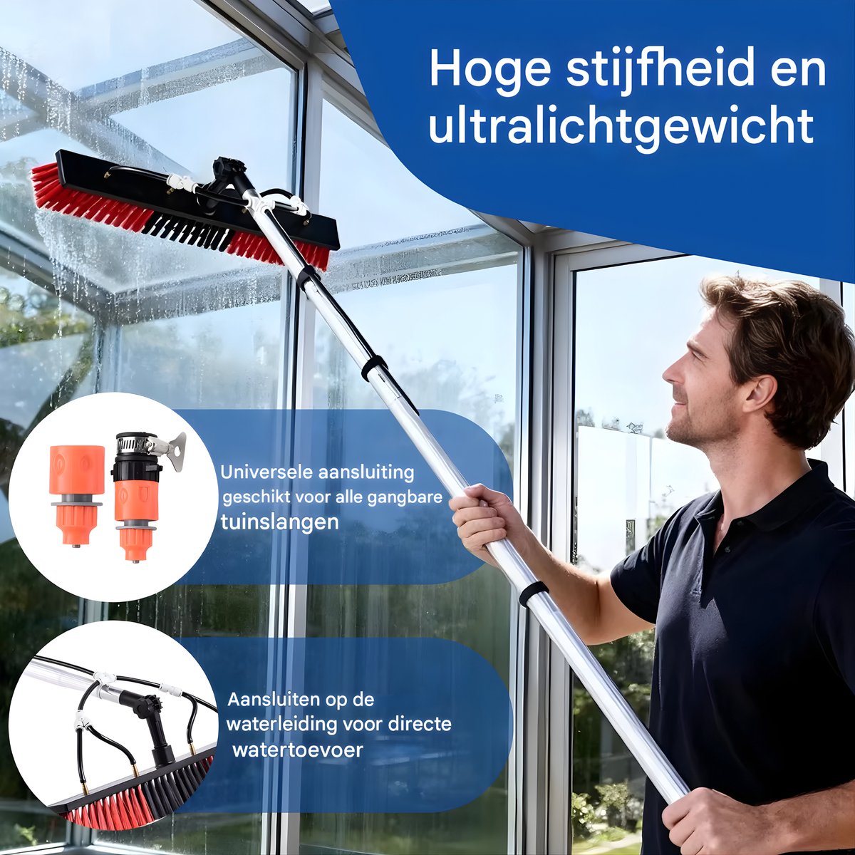 Reinigingsborstel - Voor zonnepanelen en glazen daken - Verstelbare, uitschuifbare glazenborstel - 12 m