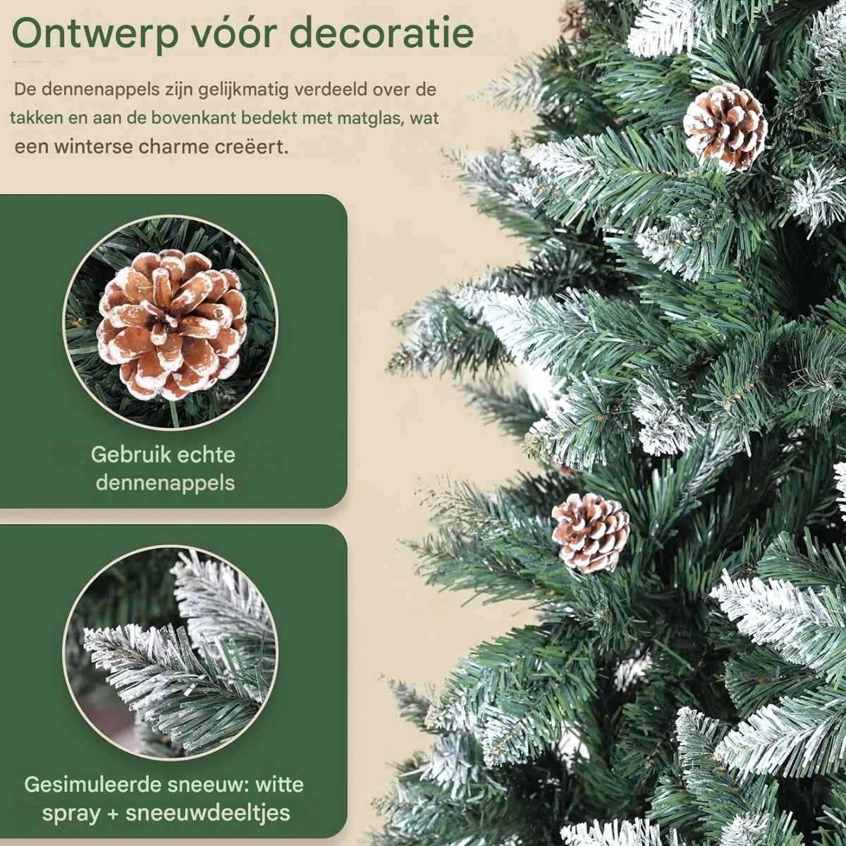 Kerstboom met sneeuw - Dennenappels - Canadese Spar - 240cm - Zonder verlichting