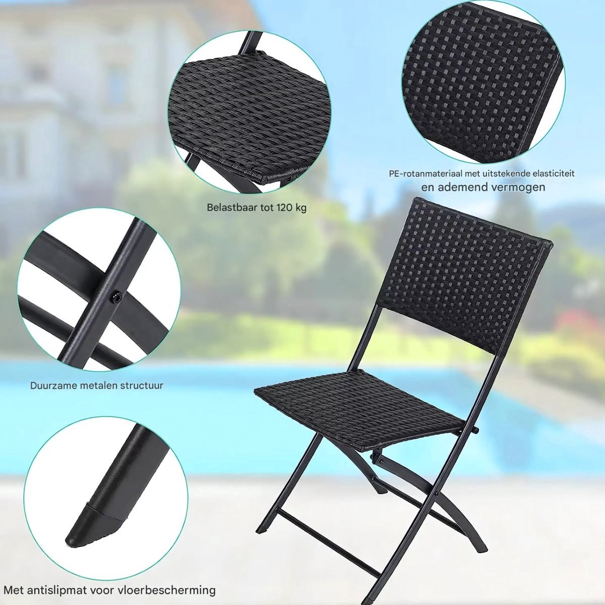 Outdoor Klaptafel Set Valora - Balkonset - 3-delig - Voor Camping en Picknick - Opvouwbare Rotan Meubelstoel en Tafel - Draagbare Balkonset met 2 Stoelen - Donkergrijs