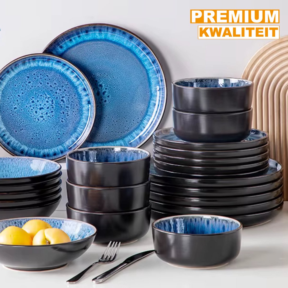 Lorentino Serviesset - 24 delig - 6 persoons - Blue Eye - Dinerborden - Bordenset - Diepe borden - Ontbijtborden - Servies - Keukenservies