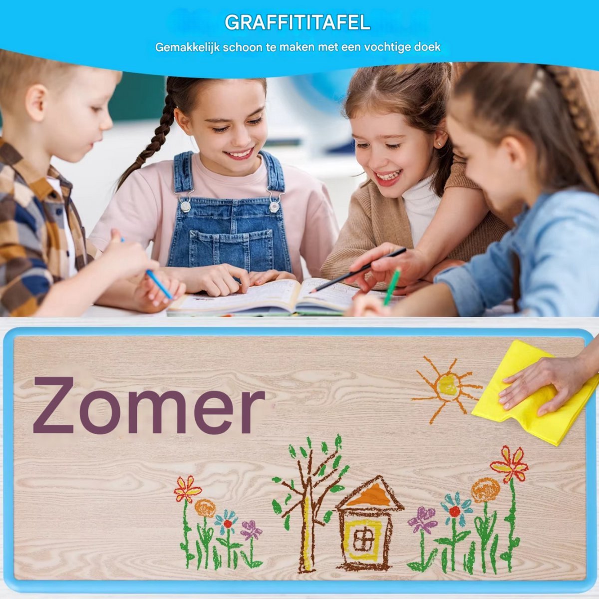 Kindertafel Tavien en 4-Stoelenset - In Hoogte Verstelbare Tafel voor Peuters voor Studie, Schrijven en Spelen - Activiteitstafel en Stoelen voor Kinderen - Blauw - 120x60cm
