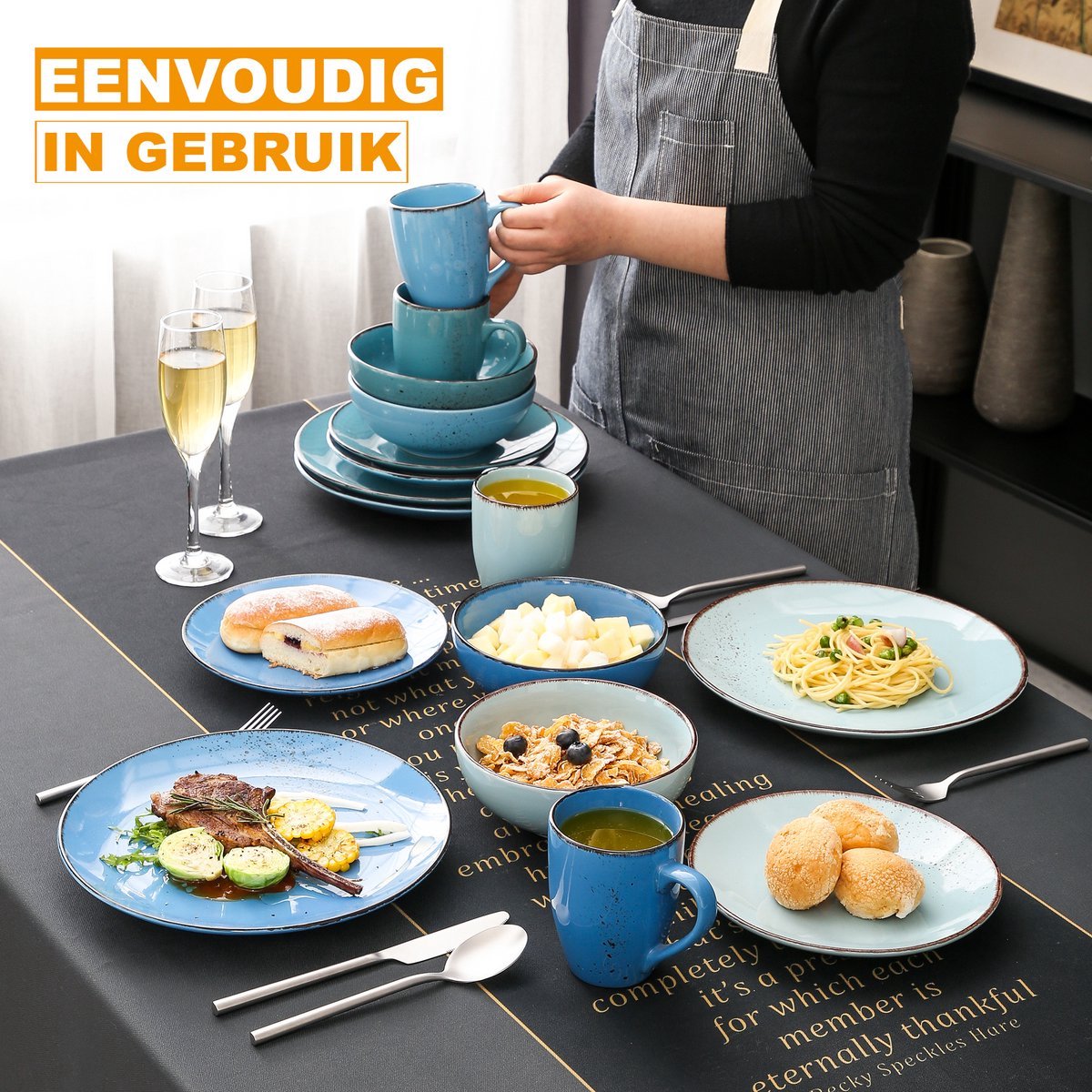 Majestic Lucenzo Serviesset - 16 delig - 12 persoons - Mix blauw - Dinerborden - Bordenset - Diepe borden - Ontbijtborden - Servies - Keukenservies - Luxe design - Tafelstijl