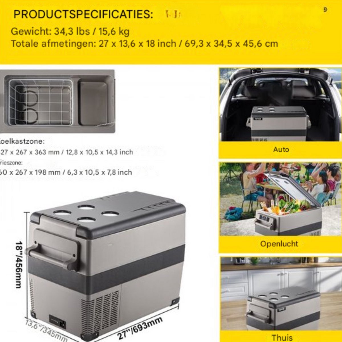 Koelbox 45L - Frigo Vriezer - Koelkast - Elektrische draagbare frigobox - Auto 12/24V - Camping - Tot -20°C