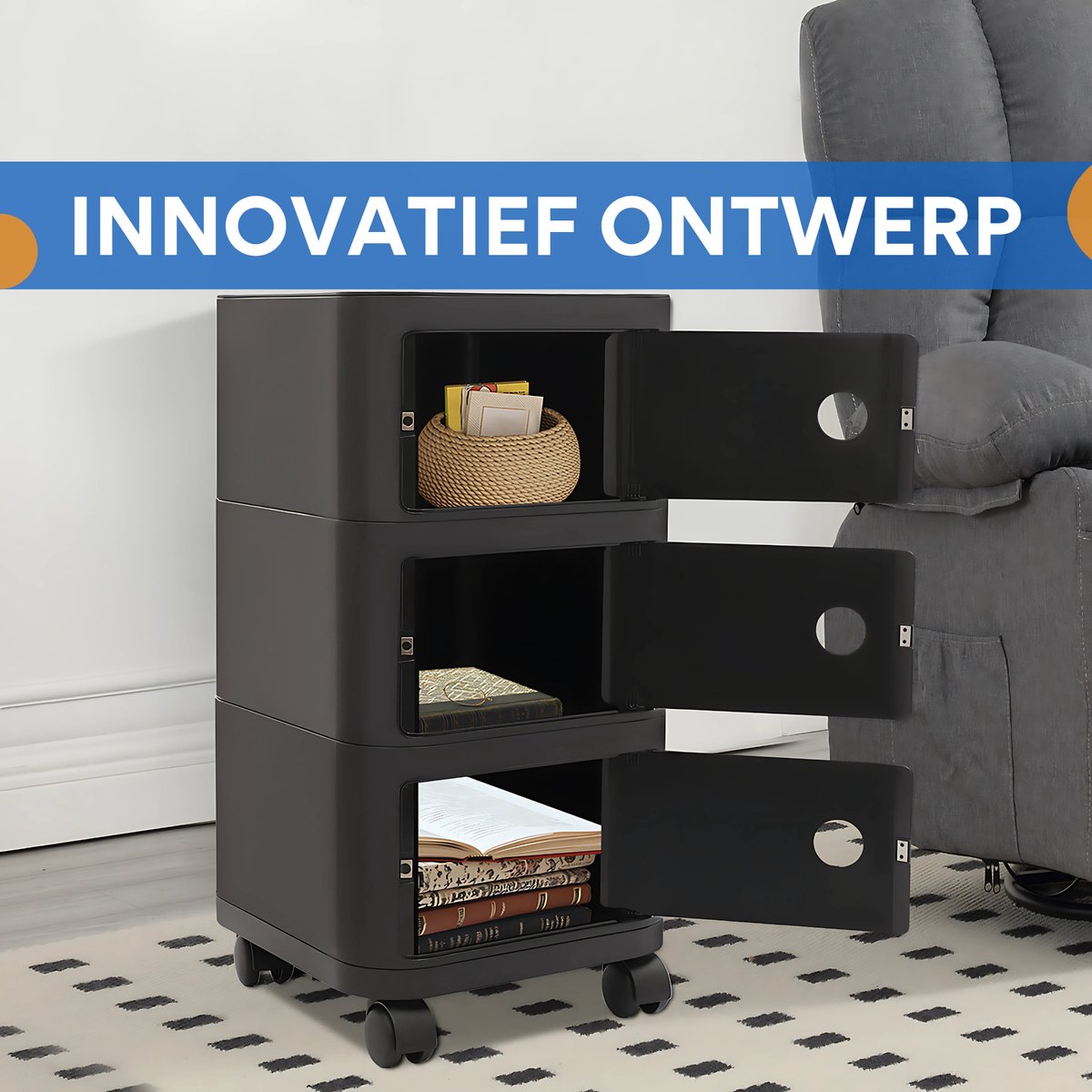 Nachtkastje - Bijzettafel - met Wielen - 32 cm - met Verborgen Opbergruimte - Moderne Opbergtafel voor Slaapkamer & Woonkamer - 3-laags - Zwart