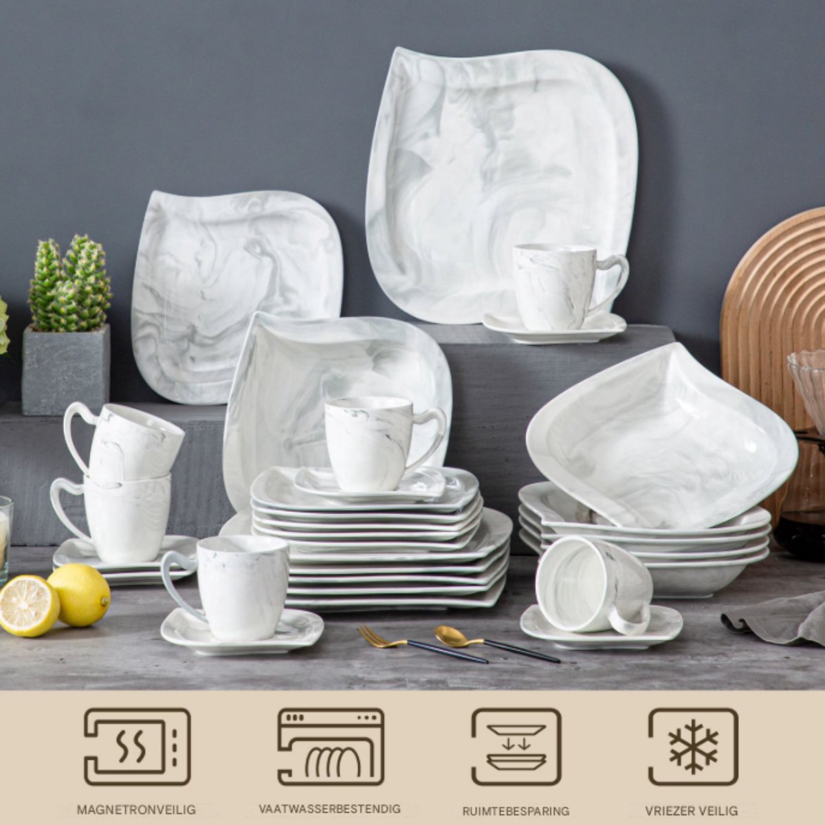 Elite Bordenset – Dinerborden – 6 persoons – 30 delig – Marmerlook Keramisch – Kleine Borden – Luxe design
