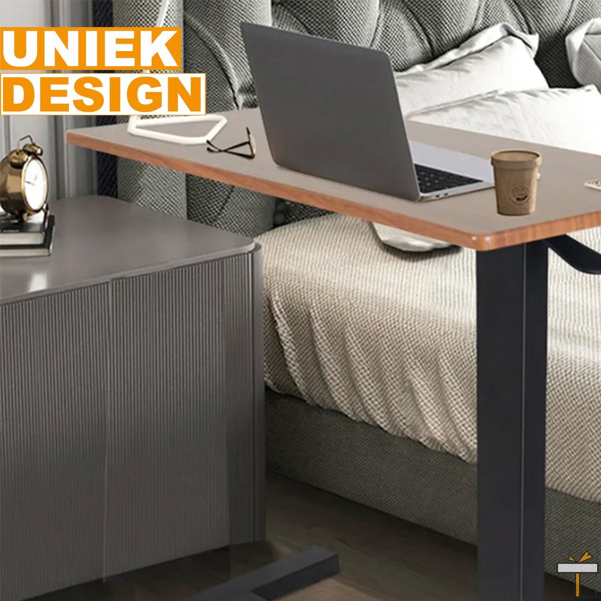 Laptoptafel Deluxe - Verstelbare Bijzettafel op Wieltjes - Hoogte 66-90cm - Voor Ontbijt en Bed - Vierkant/Rechthoekig