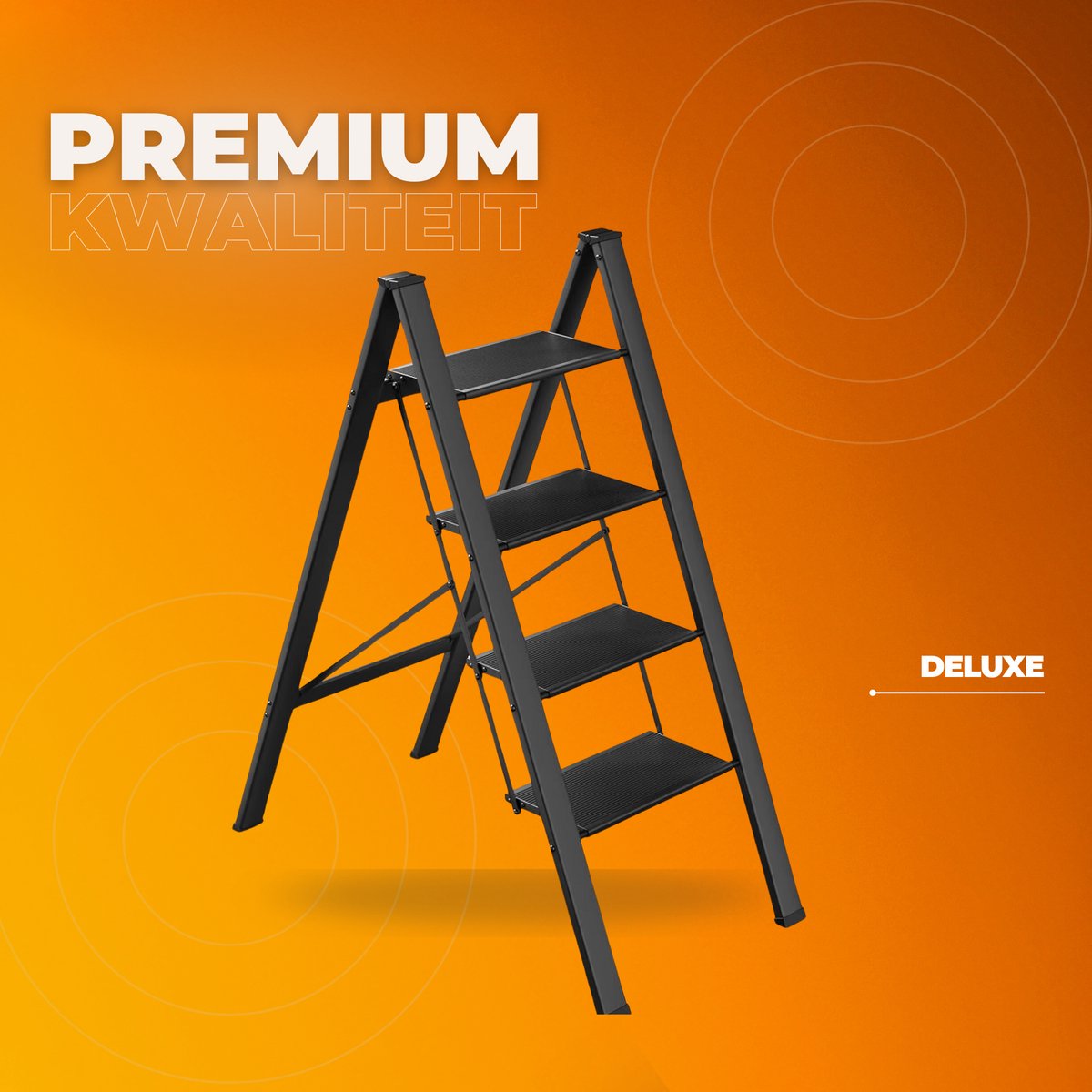 Huishoudtrap - Keukentrap - 4 treden - Ladder Aluminium - Opstapkruk met anitslip - Lichtgewicht - 150KG Belastbaar - Zwart