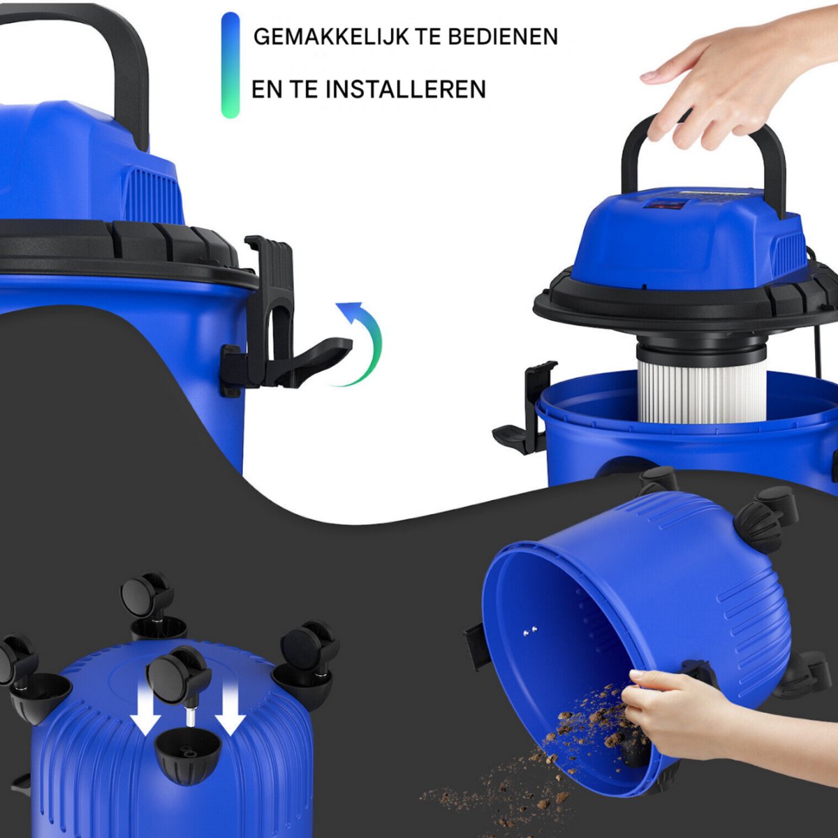 Stofzuiger Tavien - 3-in-1 - Natte en Droge Zakloze Cilinder voor Vloerreiniging - Krachtig HEPA Filter met Ventilatorfunctie, 15L