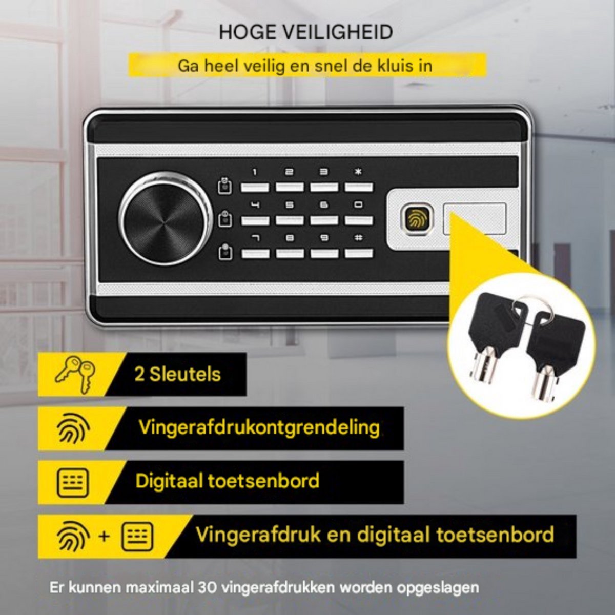 Elektronische Kluis brandwerend - Met vingerprint of code - Cijferslot of slutel - 0,8L - Massief Staal - 4 Ontgrendelingsmethodes