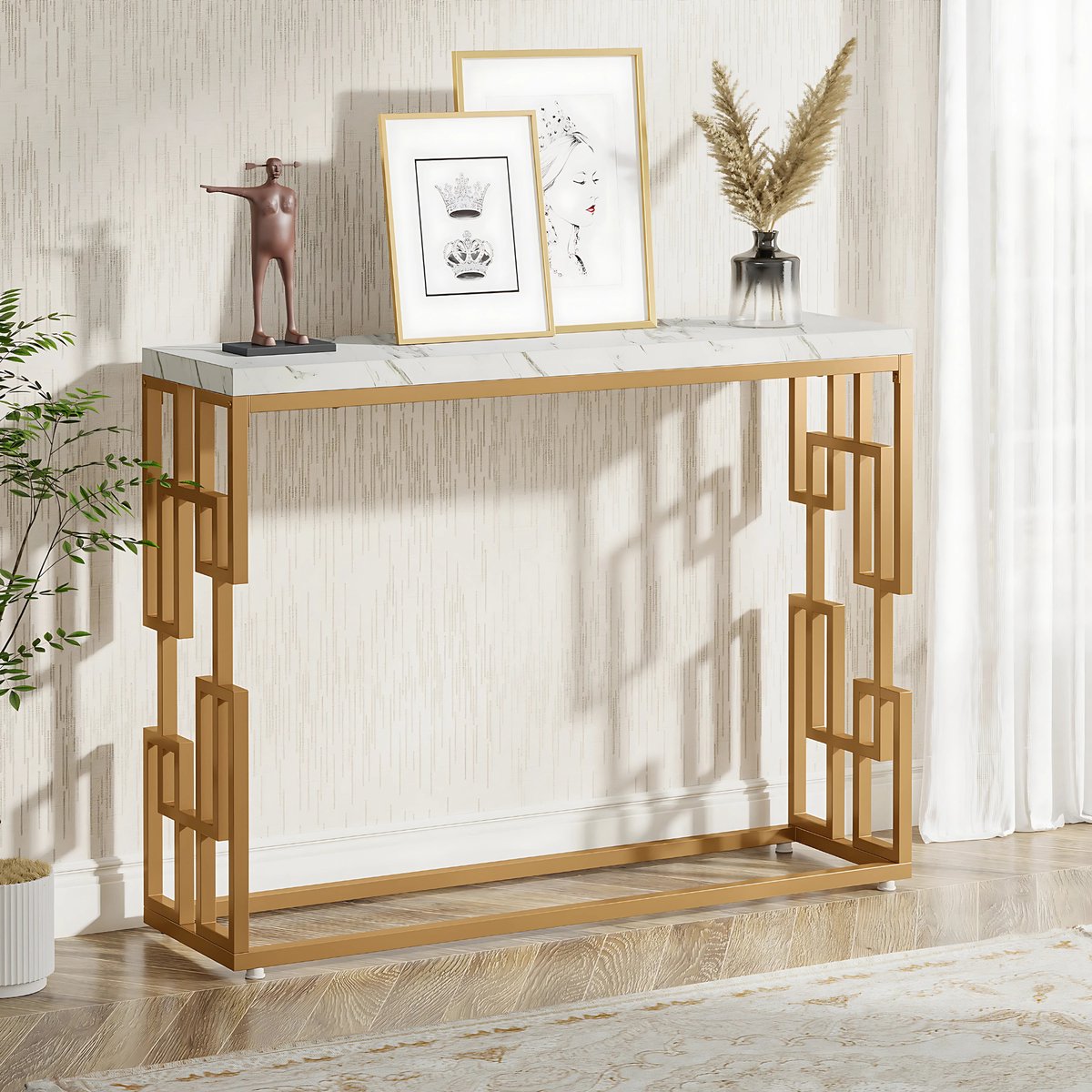 Consoletafel modern - Wandtafel - Sidetafel - Marmerlook - Haltafel - Woonkamer - Wit/goud