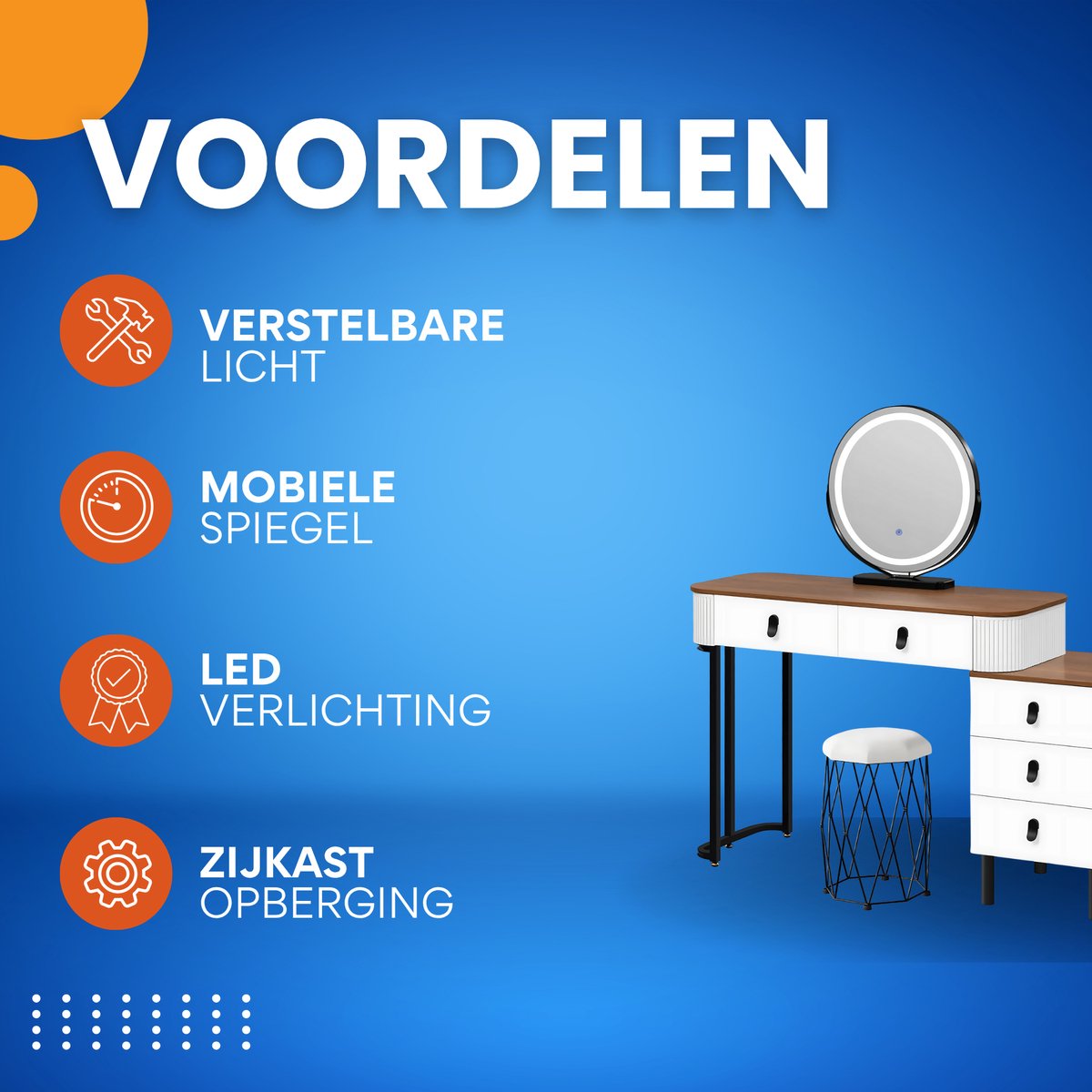 Kaptafel met LED-verlichting - Make-up tafel - Voor Slaapkamer - 3-delige Verstelbare Lichtintensiteit - Inclusief Mobiele Spiegel & Zijkast van