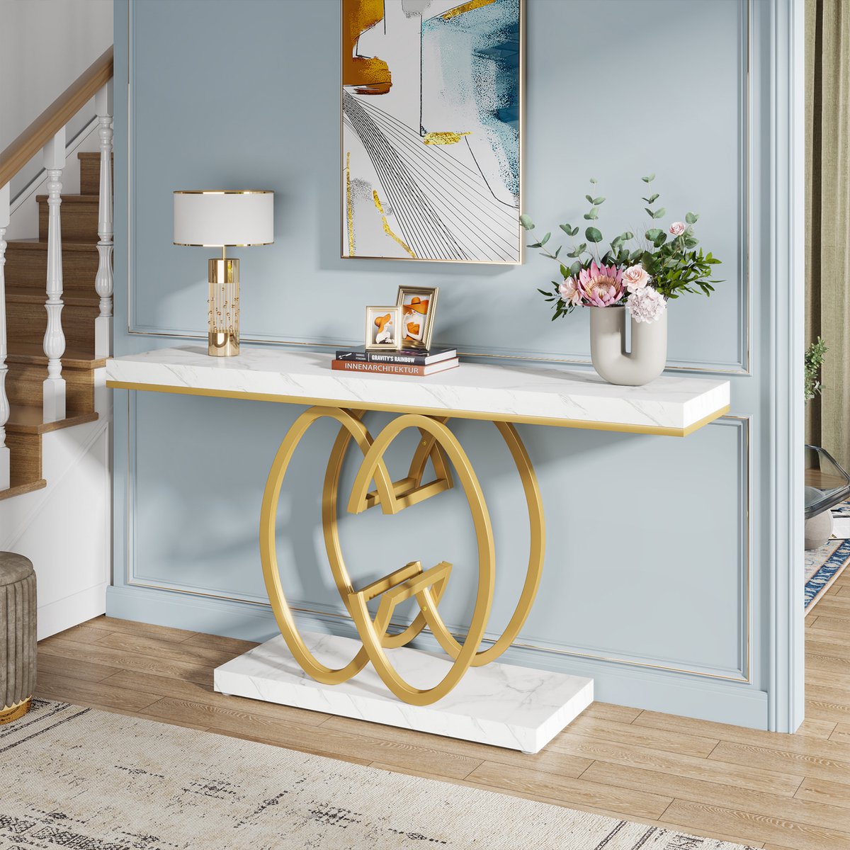 Wandtafel Pero - Haltafel - Dressiortafel - Bijzettafel - Sidetable - Kunstmarmer, goud - 140cm